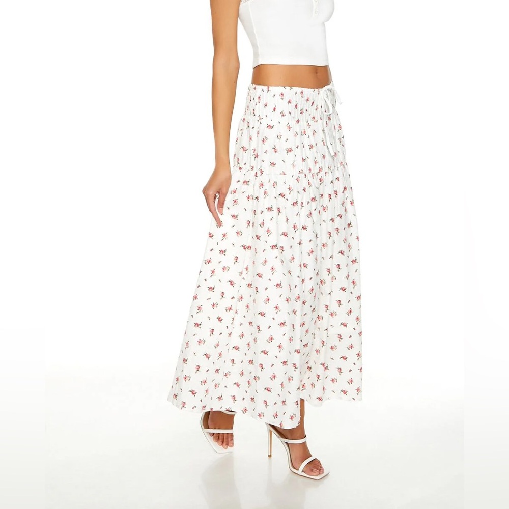 White Maxi Peasant Skirt with Pink Floral Print